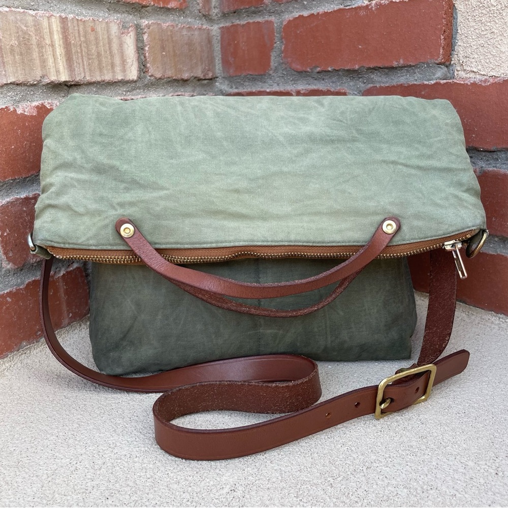 Handmade Convertible Waxed Canvas Tote with Leather Strap in Avocado Green